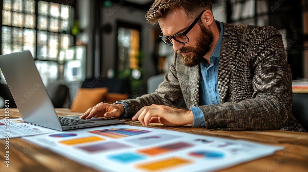 Professional man analyzing marketing data on laptop in modern office with creative workspace Professional man analyzing marketing data on laptop in modern office with creative workspace