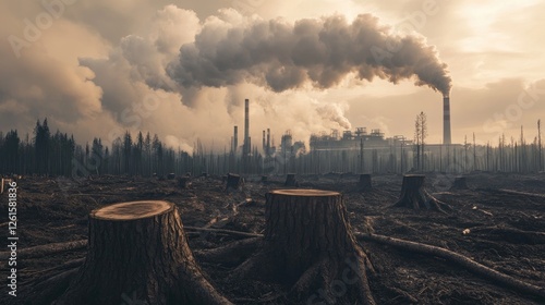 Wallpaper Mural A stark reminder of ecological damage: tree stumps in a deforested area with a polluting factory in the background emitting thick smoke into the sky Torontodigital.ca
