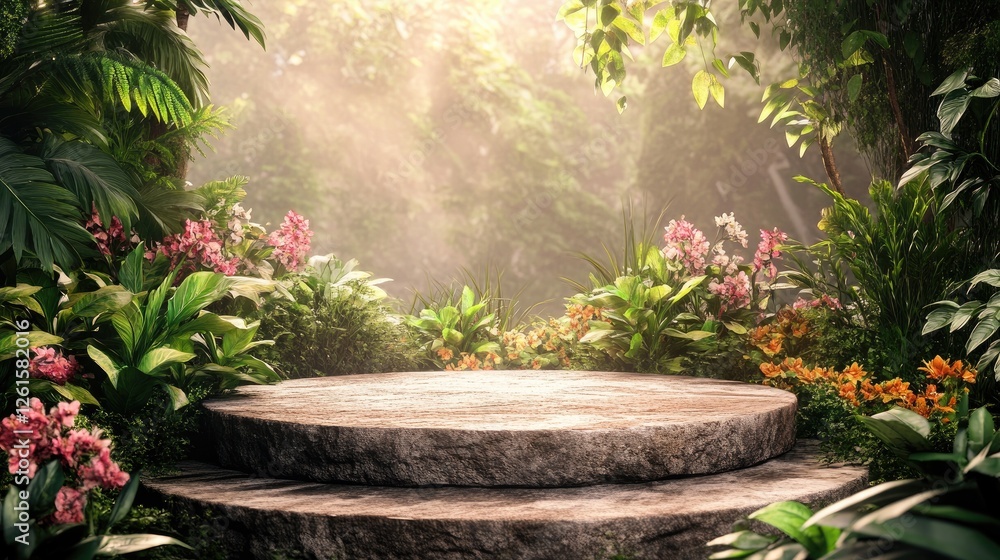 A stone podium surrounded by vibrant spring flowers and lush leafy plants, glowing in warm natural light, creating a peaceful and refreshing atmosphere A stone podium surrounded by vibrant spring flowers and lush leafy plants, glowing in warm natural light, creating a peaceful and refreshing atmosphere