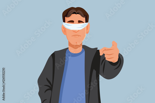 Blindfolded Man Pointing Fingers and Accusing Vector Concept Illustration. Person with eyes covered making false accusation based on no proof 
