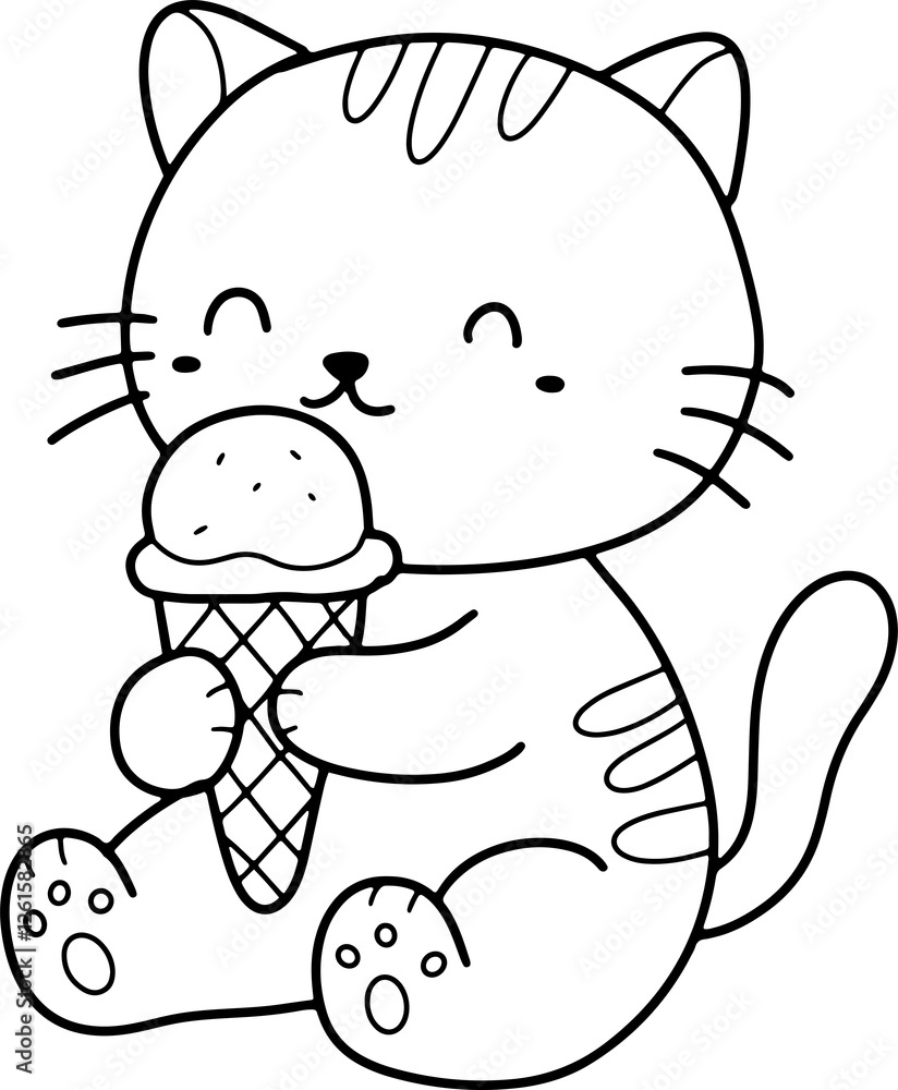 Naklejka premium Cute cat cartoon animal ice cream outline, line art clipart png illustration 