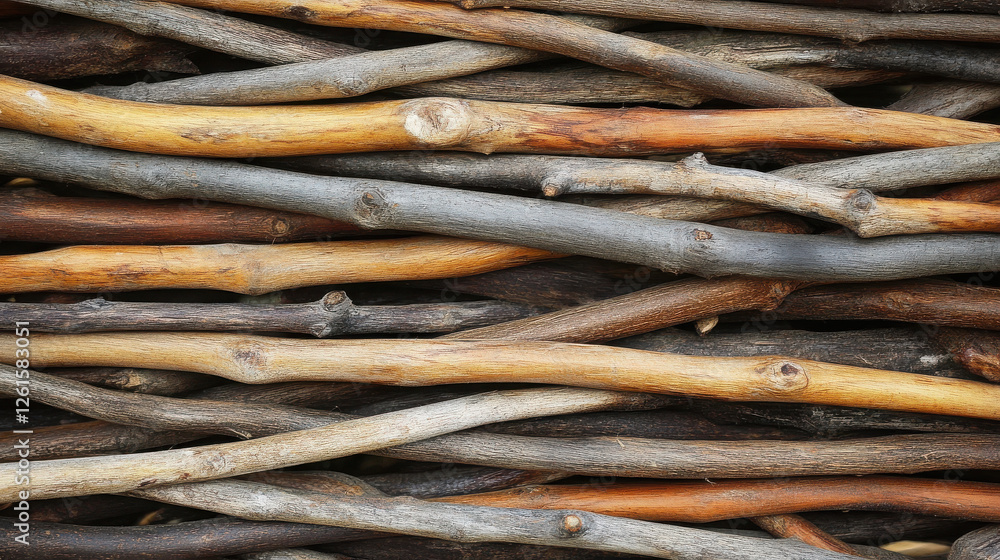 A close-up of assorted wooden sticks arranged in a layered pattern.