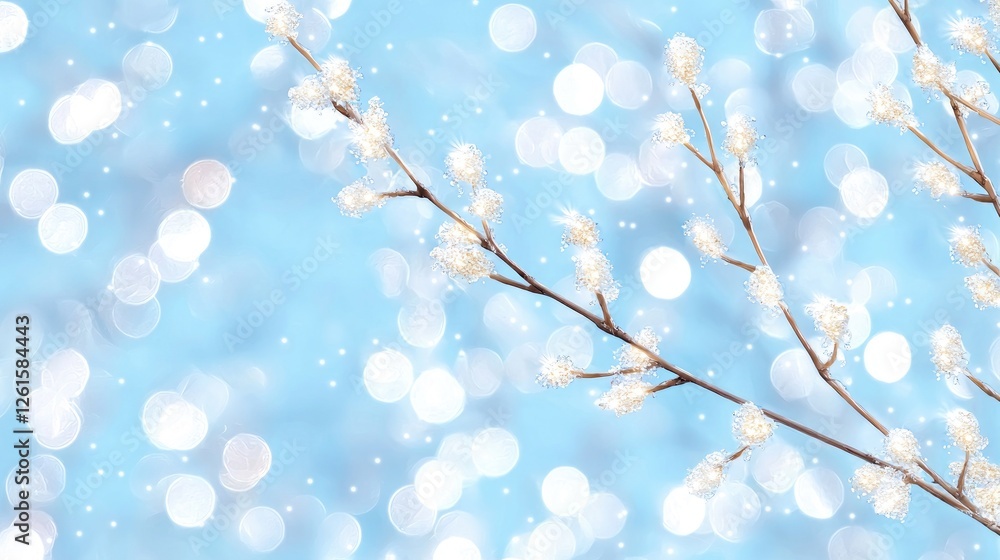 Delicate branches with blossoms on a light blue background. Possible use Greeting card, website banner Delicate branches with blossoms on a light blue background. Possible use Greeting card, website banner