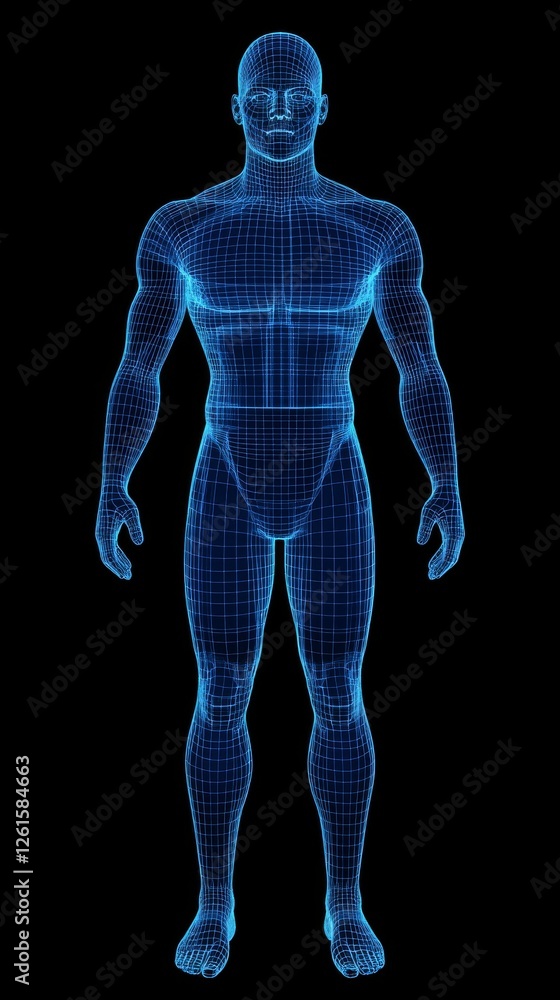 Blue wireframe male human model Blue wireframe male human model