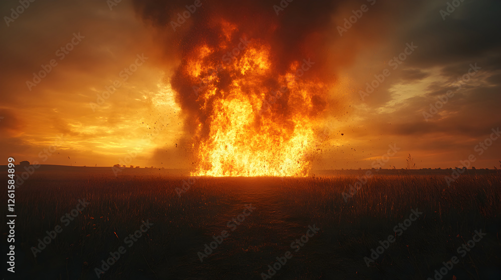 Fototapeta premium Massive fire explosion at dusk rural area dramatic scene nature's fury
