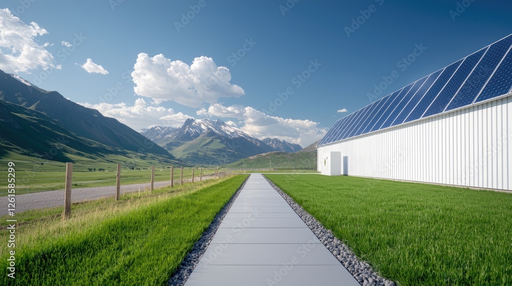 Obraz premium Mountain valley solar farm pathway