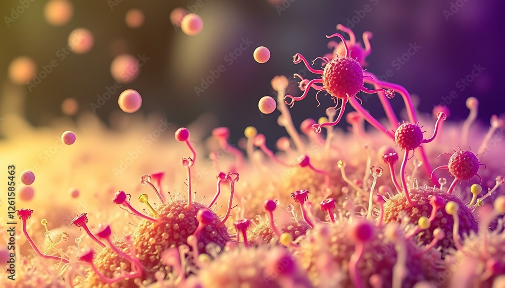 Microscopic View of Virus Replication: Stunning 3D Render of Viral Reproduction Microscopic View of Virus Replication: Stunning 3D Render of Viral Reproduction