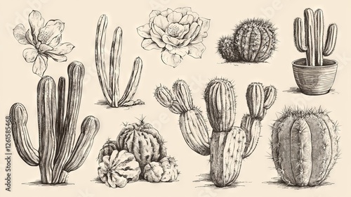 68.A charming hand-drawn set of various cacti in vintage style, featuring diverse species like saguaros, barrel cacti, and prickly pears, with muted colors and intricate linework. photo