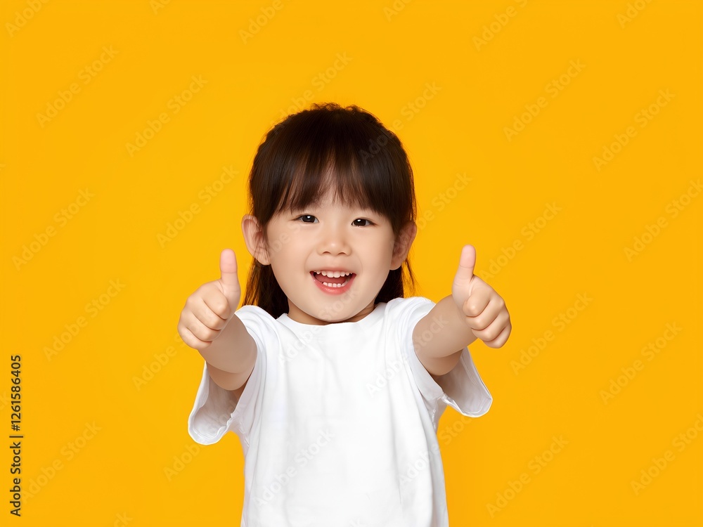 Happy Toddler Girl with Thumbs Up and Big Smile on Vibrant Yellow Background Happy Toddler Girl with Thumbs Up and Big Smile on Vibrant Yellow Background