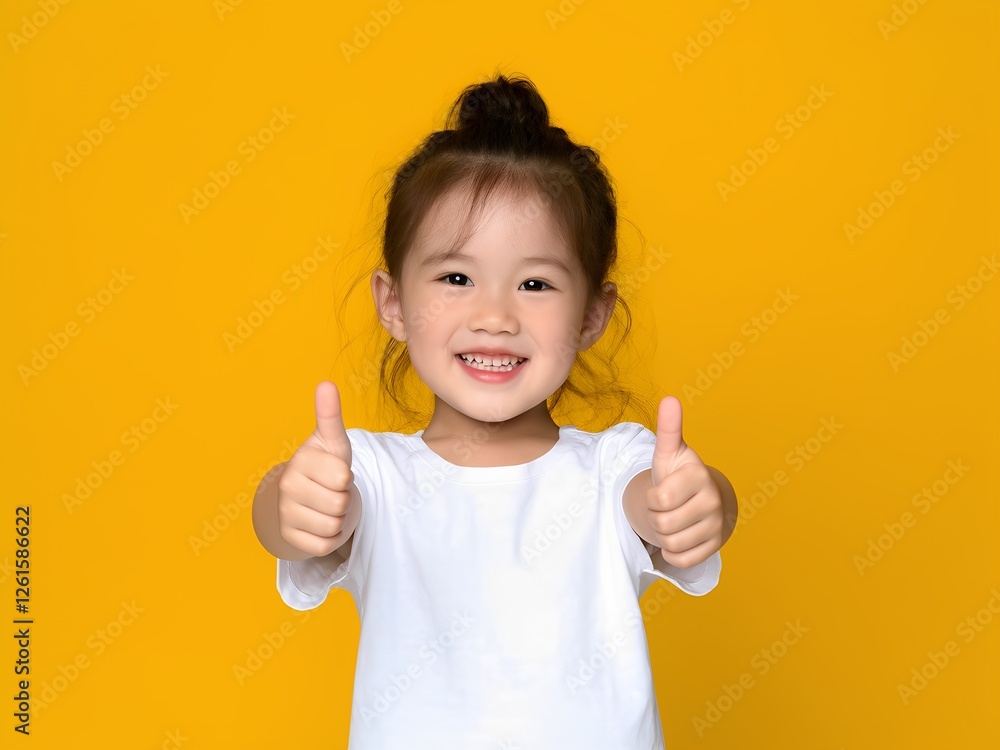 Smiling Toddler Girl, 2 Years Old, Giving a Double Thumbs Up on Bright Yellow Background Smiling Toddler Girl, 2 Years Old, Giving a Double Thumbs Up on Bright Yellow Background