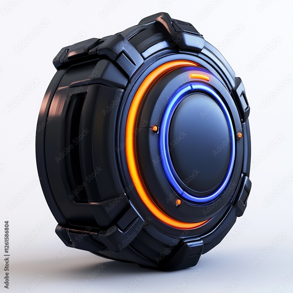 Futuristic Black Round Device with Blue Orange Illuminated Interface on White Background