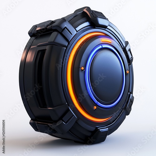 Obraz na płótnie Futuristic Black Round Device with Blue Orange Illuminated Interface on White Background w salonie