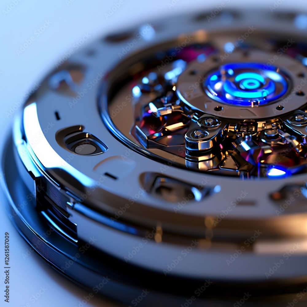 Futuristic Circular Device With Blue Glowing Light And Metallic Finish