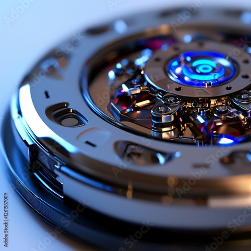 Futuristic Circular Device With Blue Glowing Light And Metallic Finish