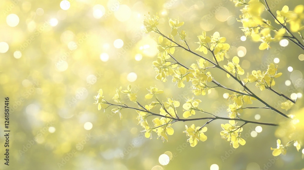 Fototapeta premium Beautiful yellow flowers with a soft green and golden bokeh background, creating a vibrant and radiant atmosphere during midday light