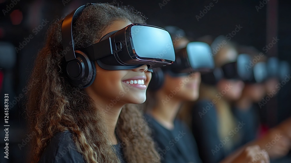 Futuristic classroom with diverse students using VR headsets and touch screens their teacher smiling proudly as they engage in immersive learning experiences Futuristic classroom with diverse students using VR headsets and touch screens their teacher smiling proudly as they engage in immersive learning experiences