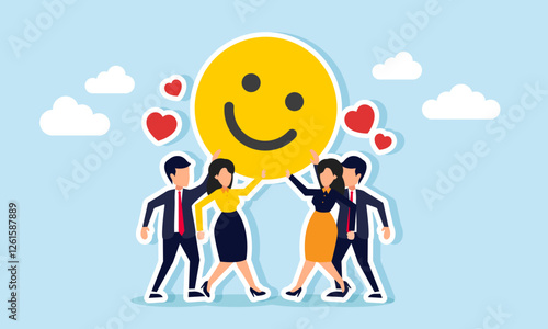 Businesspeople work together to lift a happy emoticon, illustration of teamwork in business or business collaboration or joint venture to increase market attention