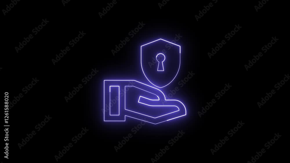 Neon light animation of hand holding shield icon Neon light animation of hand holding shield icon