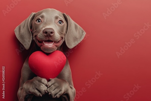 Cute weimaraner canine with companion animal toy red heart - emblem of love, funny greeting card. Weimaraner - my beloved dog. Ad visual idea concept art. Valentine's day animals. Pet love. photo