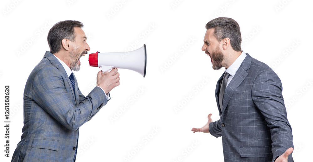 businessman in suit with megaphone isolated on white. business man promoter solving promotional conflict. shouting businessman promoting idea for business. promotion concept. business idea promotion businessman in suit with megaphone isolated on white. business man promoter solving promotional conflict. shouting businessman promoting idea for business. promotion concept. business idea promotion