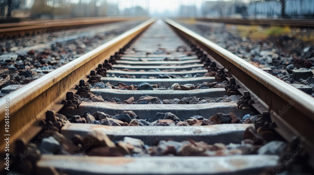 Fototapeta premium A close-up view of railway tracks stretching into the distance.