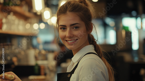 Female waitress serving food at a busy restaurant with a friendly smile and professionalism