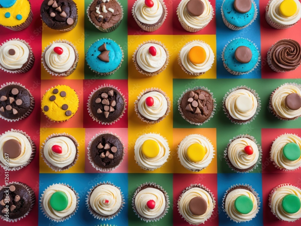 Colorful Cupcakes Arranged on a Checkerboard Colorful Cupcakes Arranged on a Checkerboard