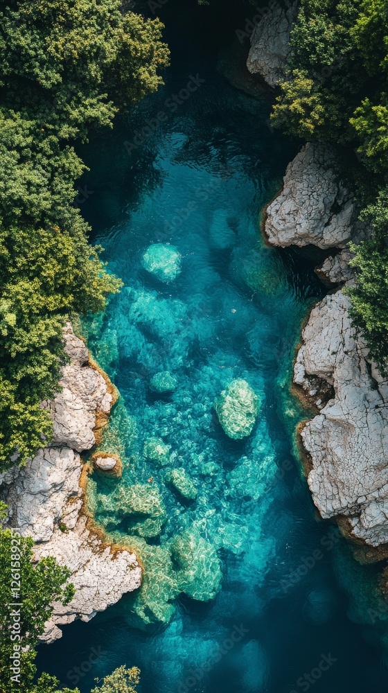 Aerial view of a crystal-clear river surrounded by green lush trees and rocky terrain, showing deep turquoise water in a narrow riverbed Aerial view of a crystal-clear river surrounded by green lush trees and rocky terrain, showing deep turquoise water in a narrow riverbed