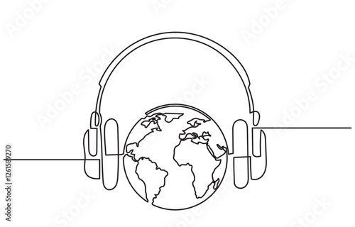 Continuous line drawing of headphones with global.earth listening to musical headphone vector illustrations. The design concept of music and podcasts, audio, sound, DJ, earphones, and radio 