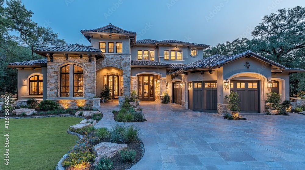 Fototapeta premium Elegant mediterranean villa with stone facade and landscaped garden at twilight hour showcasing luxury real estate