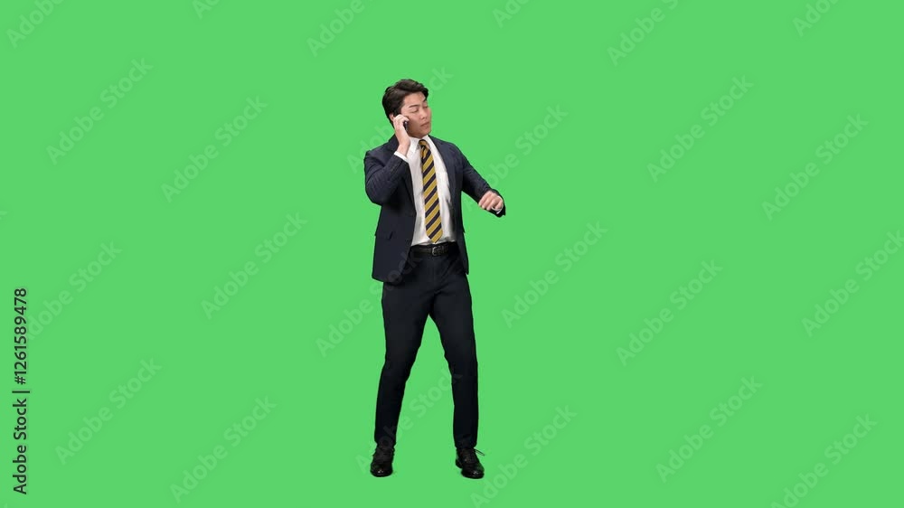 スマホを使いながらダンスする男性ビジネスパーソンの全身動画 クロマキー合成用グリーンバック映像 スマホを使いながらダンスする男性ビジネスパーソンの全身動画 クロマキー合成用グリーンバック映像