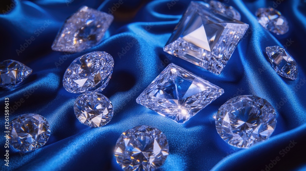 Elegant lab-grown diamonds in round, princess, and emerald cuts, placed on blue velvet, offering a luxurious look with plenty of copy space for branding or descriptions Elegant lab-grown diamonds in round, princess, and emerald cuts, placed on blue velvet, offering a luxurious look with plenty of copy space for branding or descriptions