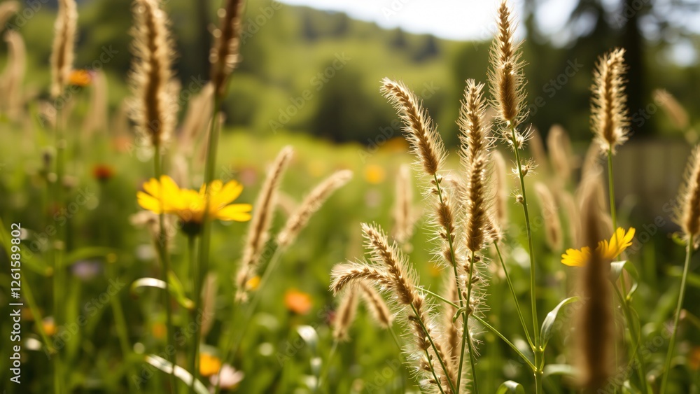 Sunlit Meadow with Golden Flowers and Grasses Sunlit Meadow with Golden Flowers and Grasses