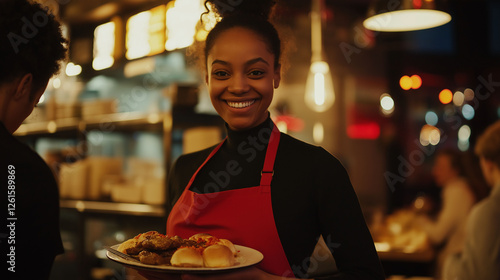 Wallpaper Mural Female waitress serving food at a busy restaurant with a friendly smile and professionalism Torontodigital.ca