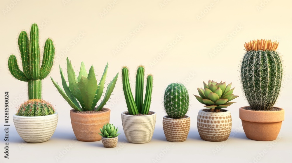 39.A set of digitally rendered cactus plants and succulents, showcasing intricate details in spines, leaves, and pots, designed for modern graphic compositions. 39.A set of digitally rendered cactus plants and succulents, showcasing intricate details in spines, leaves, and pots, designed for modern graphic compositions.