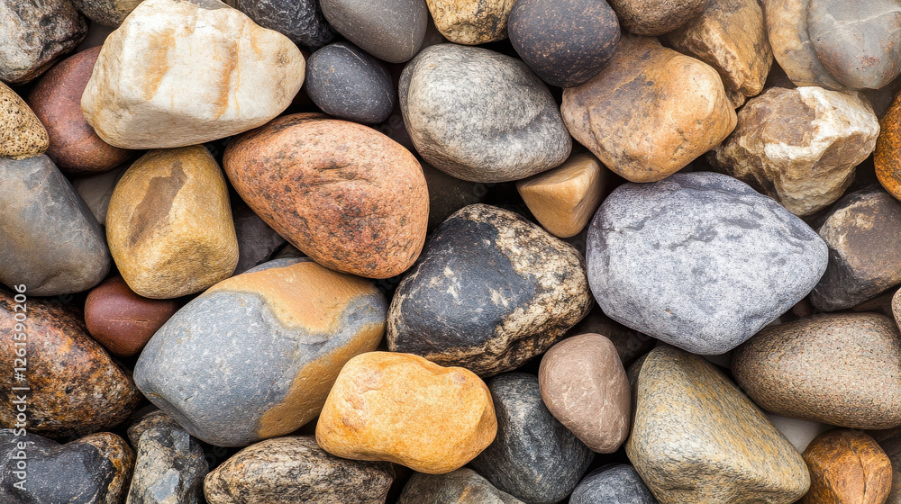 A close-up view of various smooth stones and pebbles in different colors and textures. A close-up view of various smooth stones and pebbles in different colors and textures.