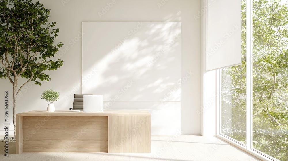 Fototapeta premium Minimalist office reception, sunlight, plants, window view, workspace