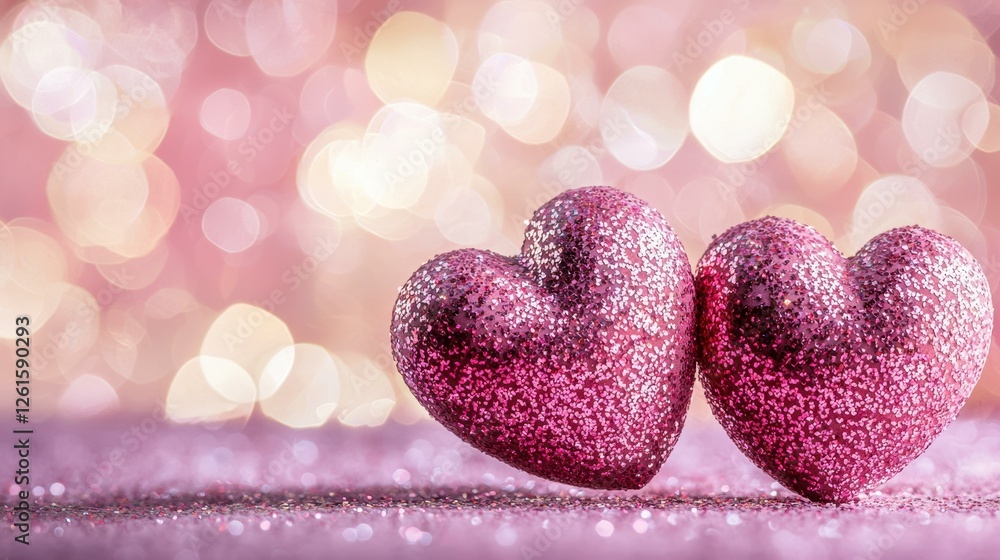 Obraz premium Two Sparkling Hearts Adorned with Bokeh Lights Backdrop