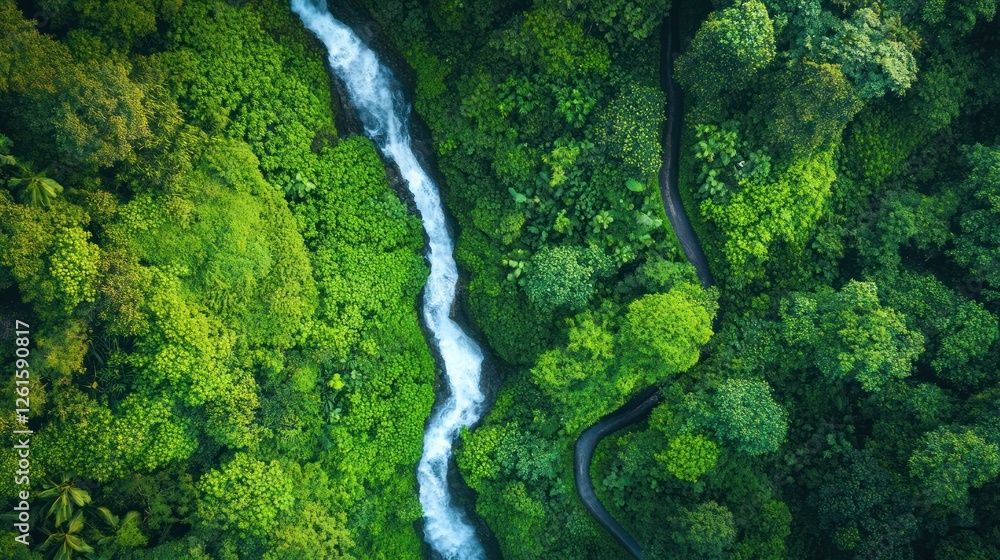 Aerial view waterfall rainforest road Aerial view waterfall rainforest road