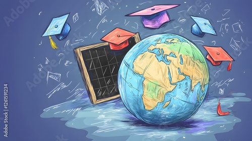 Global education is depicted with a world globe and graduation caps photo