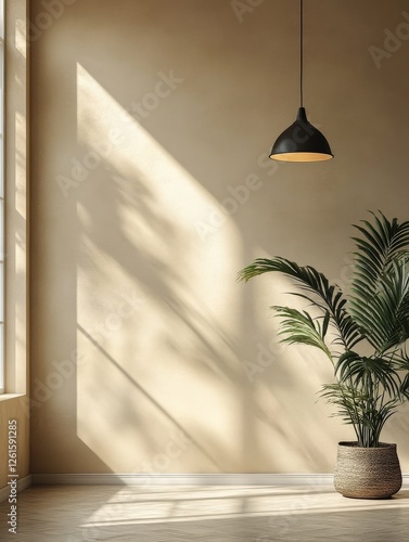Sun-Drenched Serenity, Minimalist Interior with Palm, Pendant Lamp, and Soft Shadow Patterns