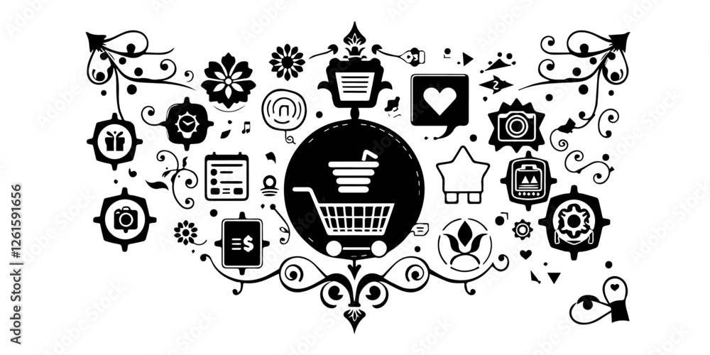 Elegant eCommerce and shopping icons with floral ornamental design elements Elegant eCommerce and shopping icons with floral ornamental design elements