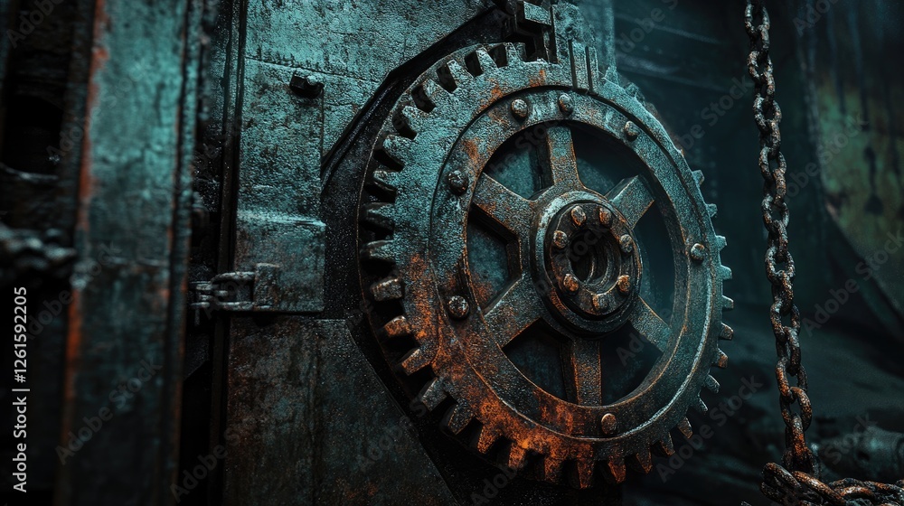 Rusted gears and chains in an old industrial space, with dynamic lighting and an atmospheric perspective, giving the scene a moody, eclectic feel Rusted gears and chains in an old industrial space, with dynamic lighting and an atmospheric perspective, giving the scene a moody, eclectic feel
