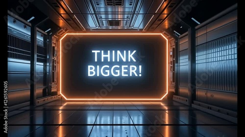 Futuristic corridor neon sign think bigger motivation