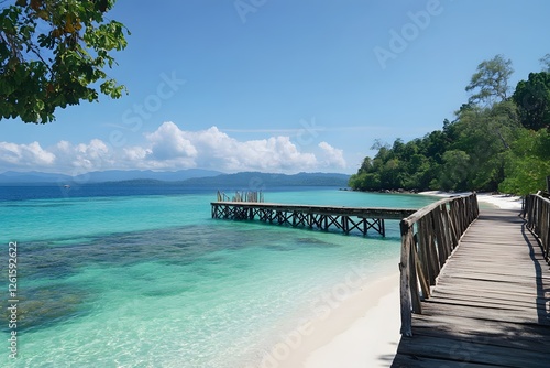 Tropical Wooden Pier on Island Beach with Turquoise Water photo