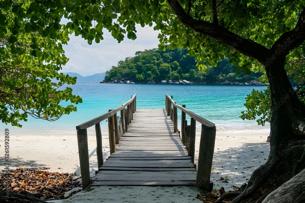Naklejka premium Tropical beach boardwalk leads to turquoise sea, lush foliage canopy