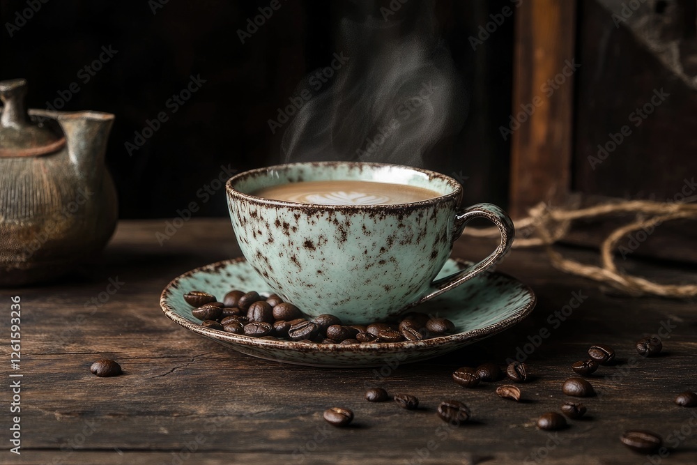Steaming coffee cup on rustic wooden table with vintage teapot Steaming coffee cup on rustic wooden table with vintage teapot