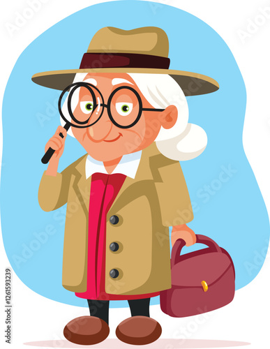 Elderly Detective Woman Spying with Magnifying Glass Vector Concept Character. Funny elderly female inspector checking every detail and clue
