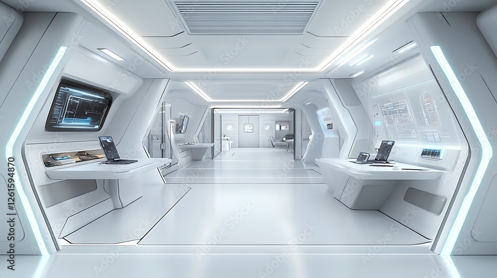 futuristic office with white walls and glass partitions futuristic office with white walls and glass partitions