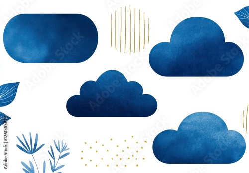 Blue Naturistic Cloud Shapes on White Background for Design Elements photo